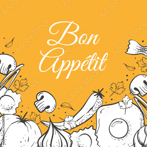 bright yellow food background and inscription bon appetit