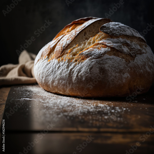 A freshly baked loaf of bread lying on a wooden table. generative AI  photo