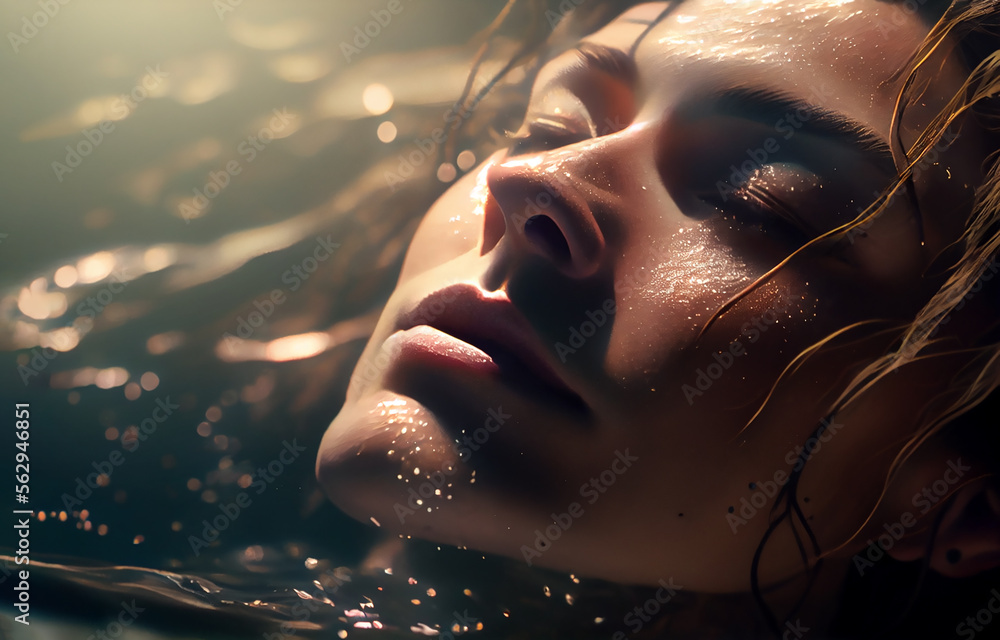 Close up of a woman lying down underwater with his eyes closed. Generative AI.