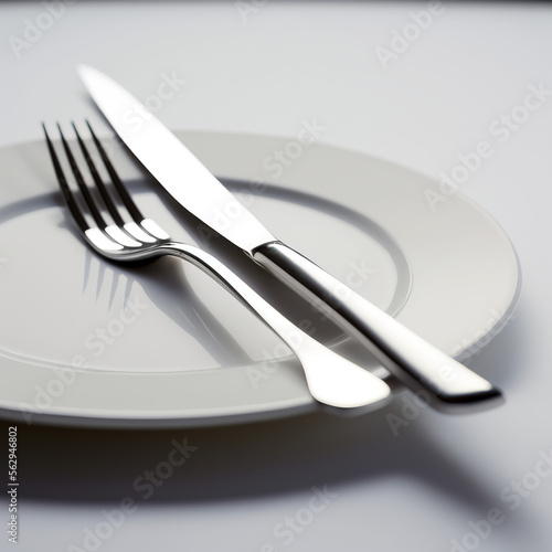 Clean empty white plate with knife and fork,  generative ai