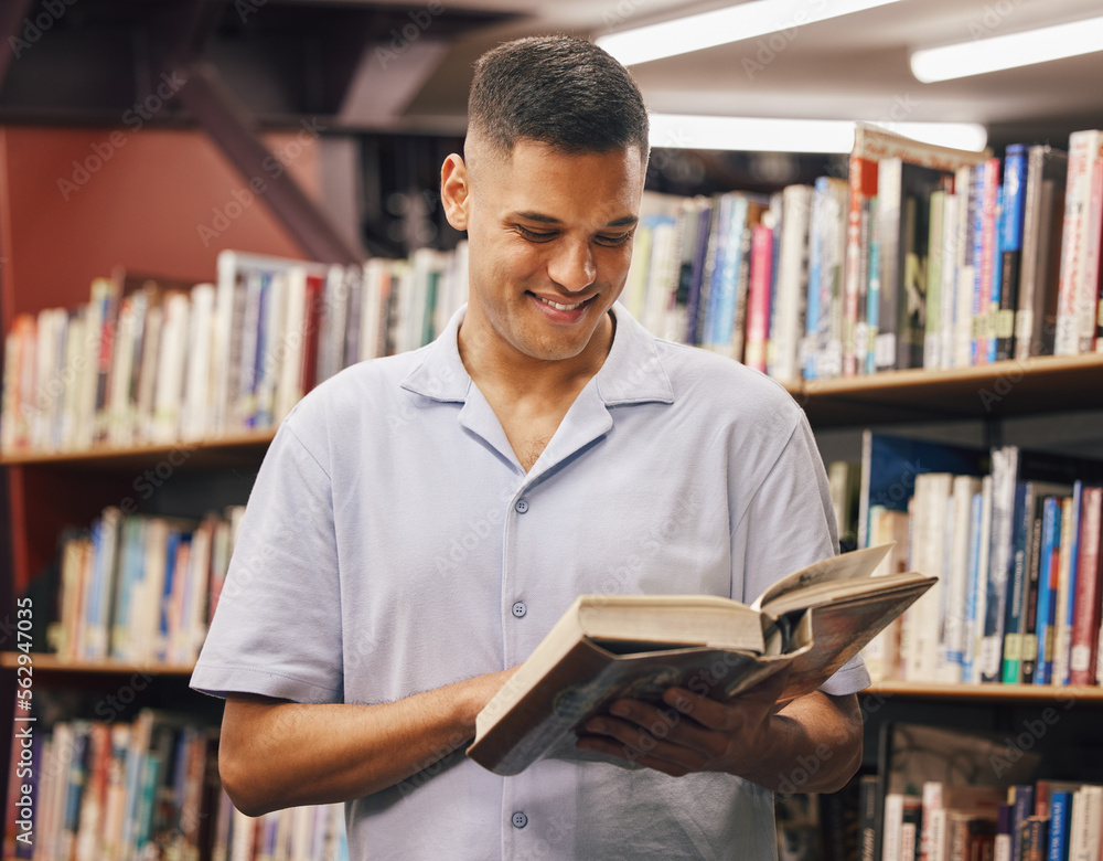 Happy student, reading or library books in education, learning or studying for university, college or school degree. Smile, man or bookstore customer in textbook research for scholarship degree goals Happy student, reading or library books in education, learning or studying for university, college or school degree. Smile, man or bookstore customer in textbook research for scholarship degree goals