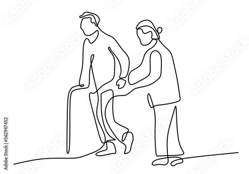 Hand drawing one line of woman help disabled man on white background.