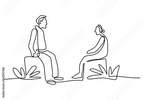 Hand drawing one line of couple talking isolated on white background.