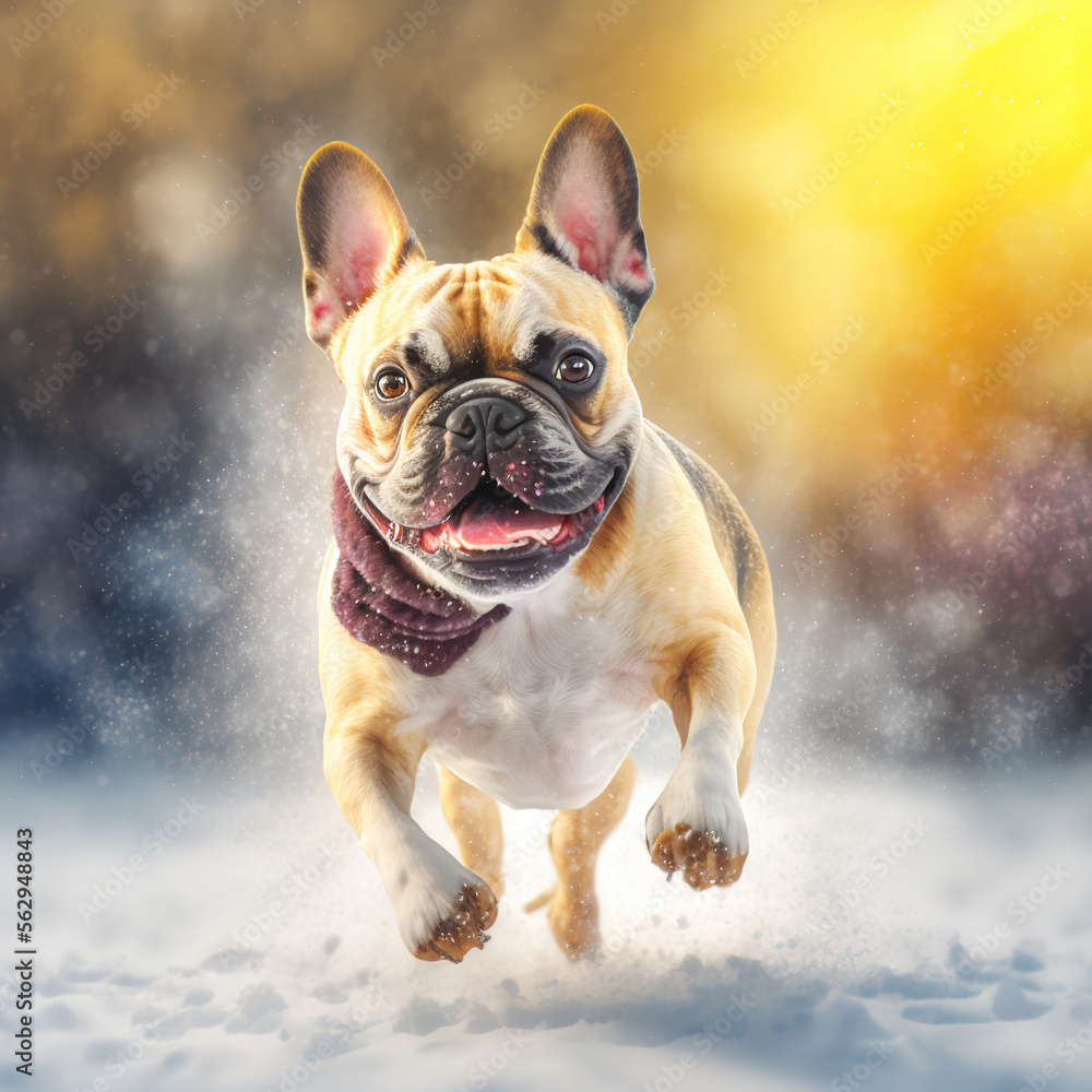 Happy French Bulldog running on snow . Generative AI