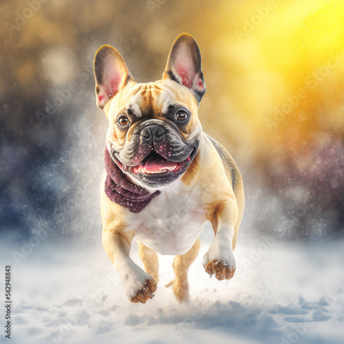 Happy French Bulldog running on snow . Generative AI