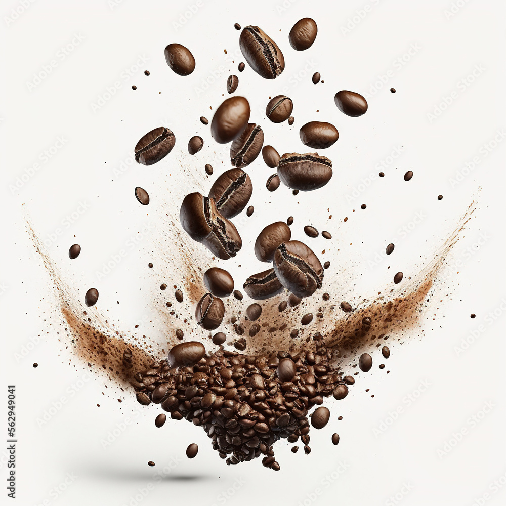 coffee bean explosion on white background, generative AI - obrazy, fototapety, plakaty 