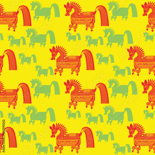 Seamless, Hand-drawn traditional ancient tribal folk art, India. Pictorial language depicting the rural life of the inhabitants of India. seamless pattern for textiles, wrapping paper, or backgrounds