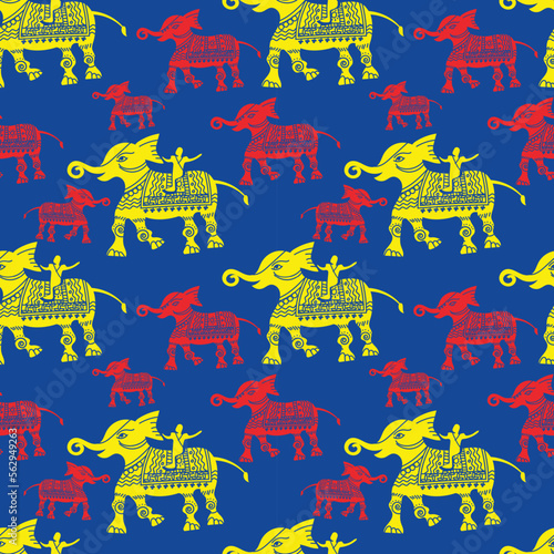 Seamless, Hand-drawn traditional ancient tribal folk art, India. Pictorial language depicting the rural life of the inhabitants of India. seamless pattern for textiles, wrapping paper, or backgrounds photo