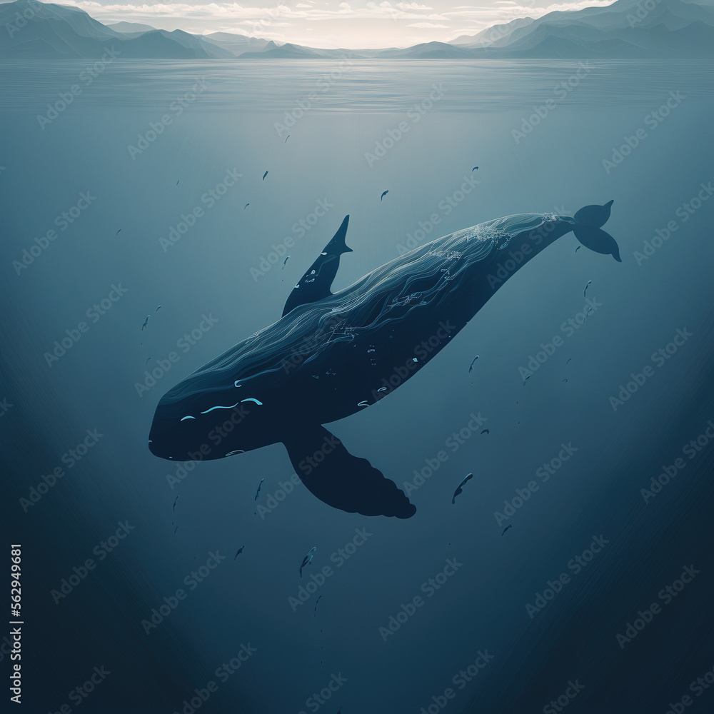 A beautiful whale is swimming in the ocean. A whale in its native element. Generative AI. - obrazy, fototapety, plakaty 