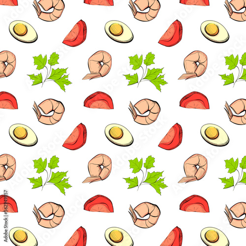 Pattern with boiled egg, shrimp, tomato and greens