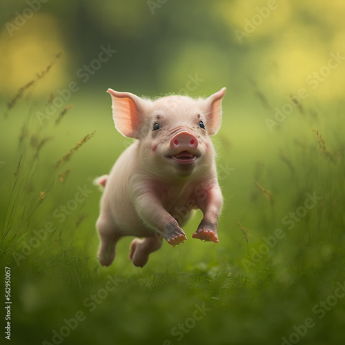 little piggy joyfully runs on the grass, generative AI