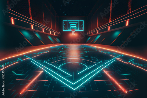 Futuristic basketball court made of neon lights. Generative ai. © erika8213