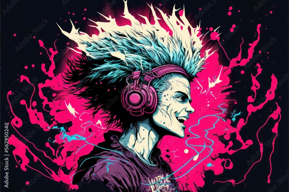 Generative AI illustration of futuristic happy punk rock person in headphones, feeling how music flows 