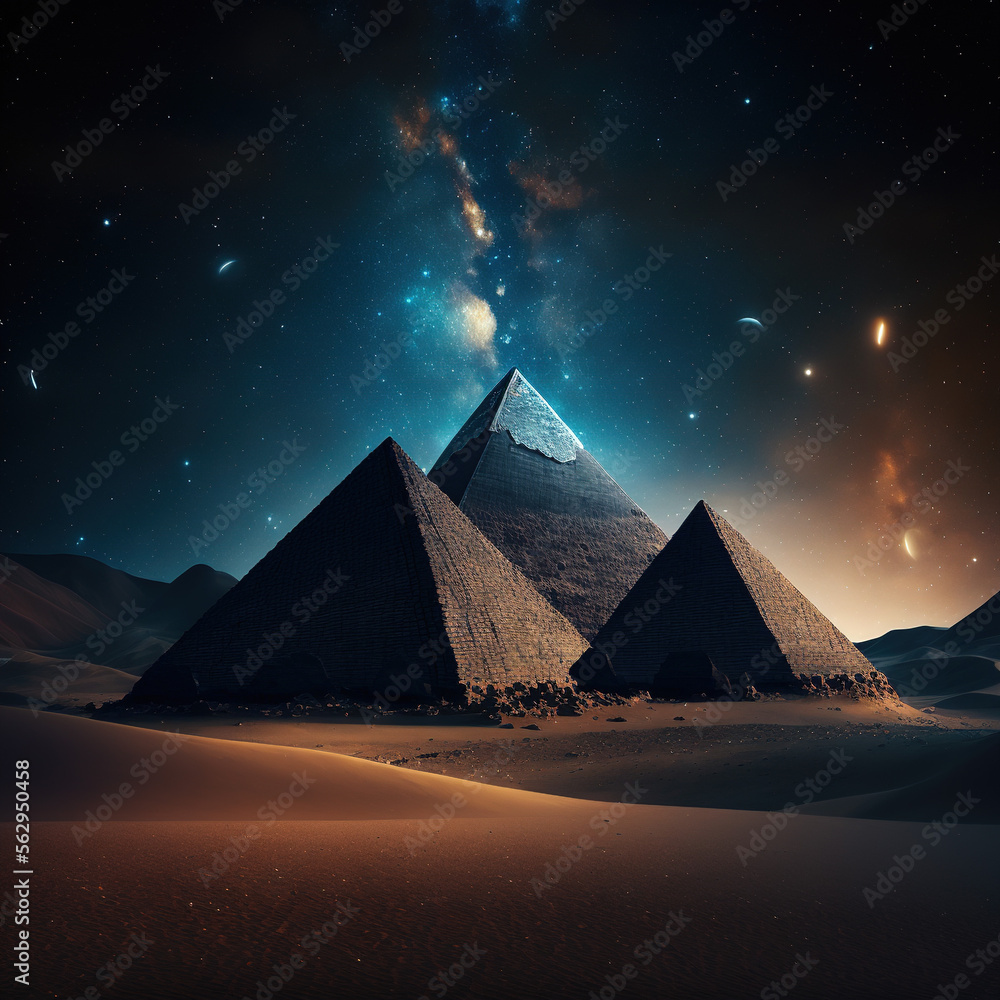 Pyramids against a starry sky, generative AI 