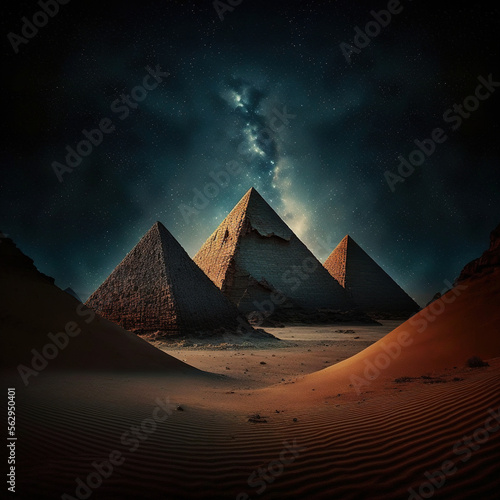 Pyramids against a starry sky, generative AI 