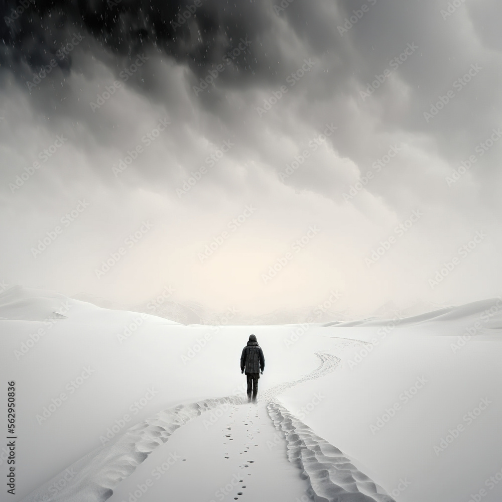 lonely wanderer, walking in the snow, generative AI - obrazy, fototapety, plakaty 