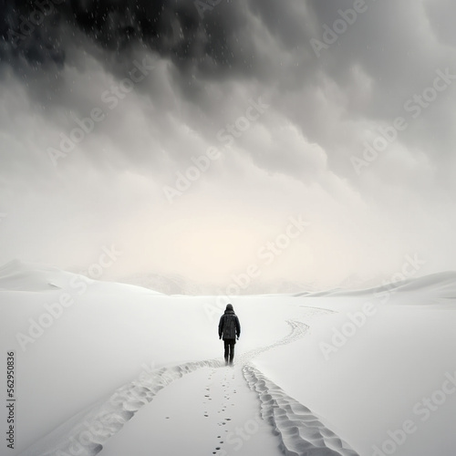lonely wanderer, walking in the snow, generative AI