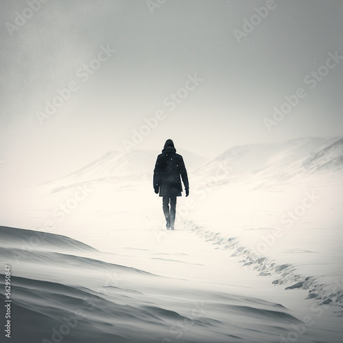 lonely wanderer, walking in the snow, generative AI