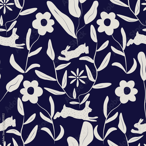 Rabbit pattern with floral and leaves. Easter Bunny. Scandi style silhouettes of hare and wildflowers.