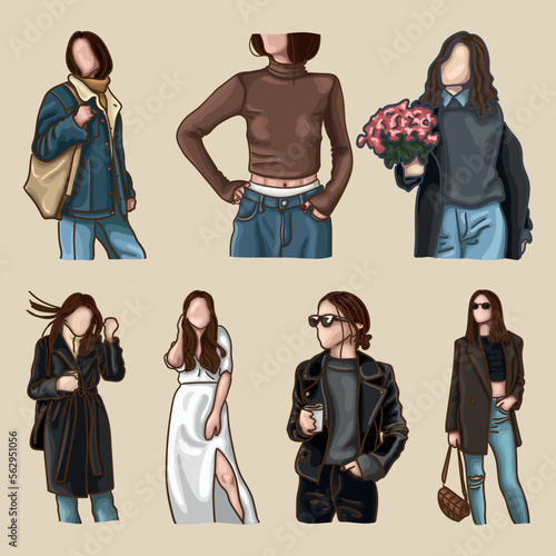 A set of images of a girl. Fashion drawing