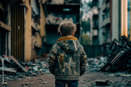 A child stands on the street in a  jacket and looks with his back at his destroyed house Generative AI photo