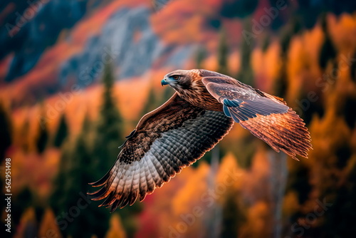 Red-tailed hawk flying in the background of the forest Generative AI