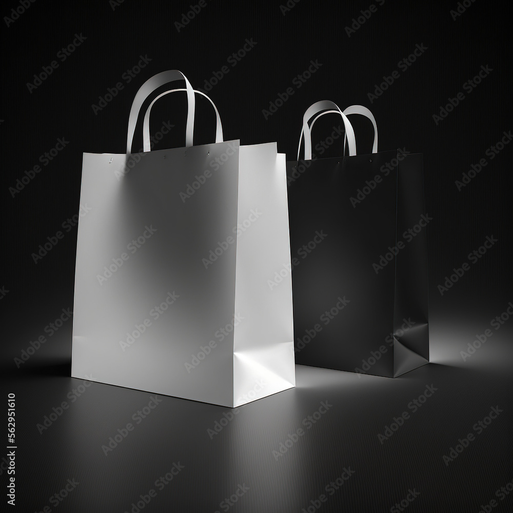 paper shopping or gift bag, white and black on Black background, generative AI  - obrazy, fototapety, plakaty 