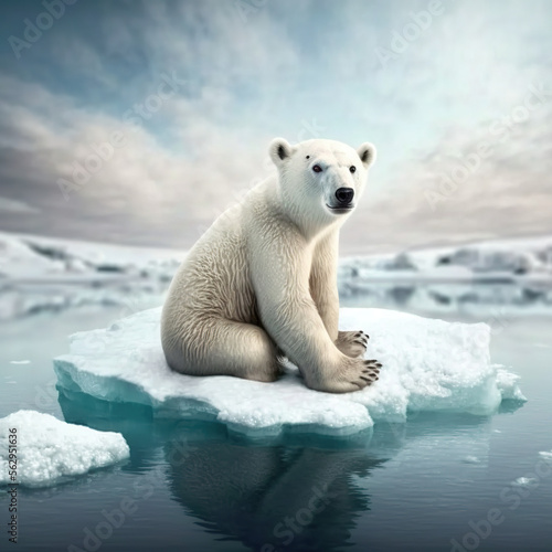 white polar bear drifting on the ice, copy space, generative AI