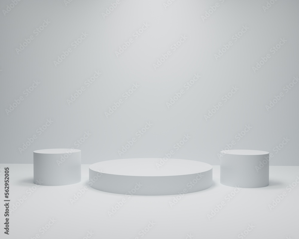 Empty podium or pedestal display on white background with cylinder stand concept. Blank product standing backdrop. 3D rendering. Empty podium or pedestal display on white background with cylinder stand concept. Blank product standing backdrop. 3D rendering.