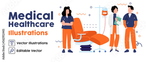 Doctor check patient health condition. Doctors treating the patient, Hospitalization of the patient. Doctor's visit to ward of patient lying in a medical bed. Vector illustration in a flat style