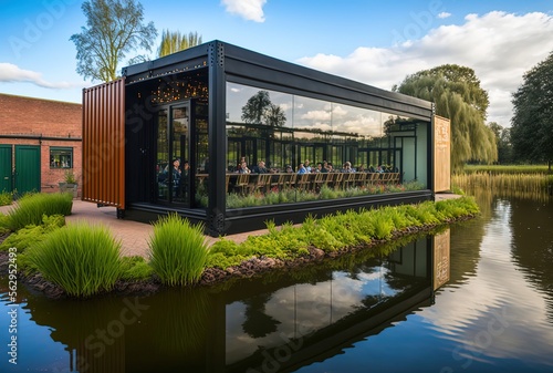 container sustainability and recycle , container box remake as restaurant, office or house, modern and Contemporary design with nature garden inspired from Giethoorn Village, Generative Ai photo