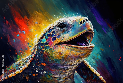 illustration of smiley face of animal with color splash oil painting style, sea turtle Generative Ai