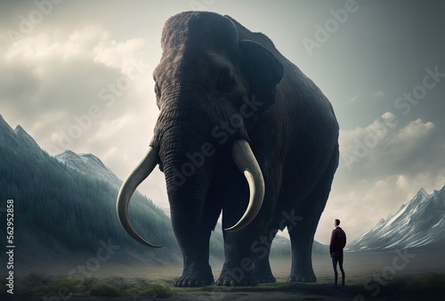 huge mammoth with man standing aside Generative Ai