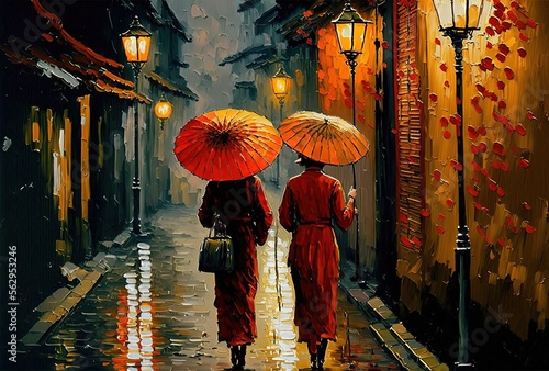 oil painting style illustration of lantern hanging on wall background and people walking on town street , idea for Chinese new year and Asian lantern festival theme Generative Ai