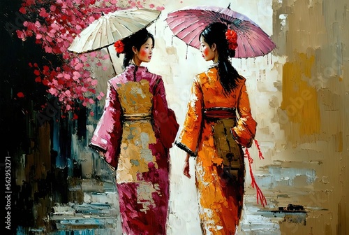 oil painting style illustration of a beautiful women wearing traditional Asian costume walking on street , Generative Ai