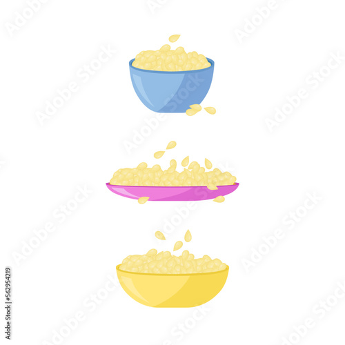 Sesame, flax, sunflower. Seeds in a plate. Vector in the flat style on a white background. Set