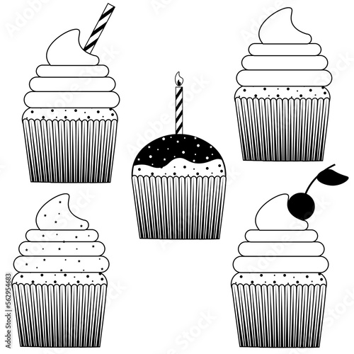 Set of black and white food icons with cupcake with cream, cherry, sugar stick, birthday candle and chocolate icing with editable stroke.  Website banner.