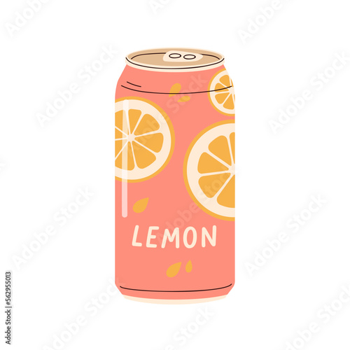 Lemon soda drink in aluminum can. Fresh fruit infused water, refreshing cold ...