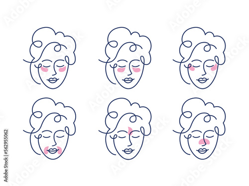 Girl with Different Method for Use Gel Patch Line Icon. Patches Under Eye, Between Brows, for Mouth and Nose Pictogram. Face Anti Aging Procedure Icon. Editable Stroke. Isolated Vector Illustration.