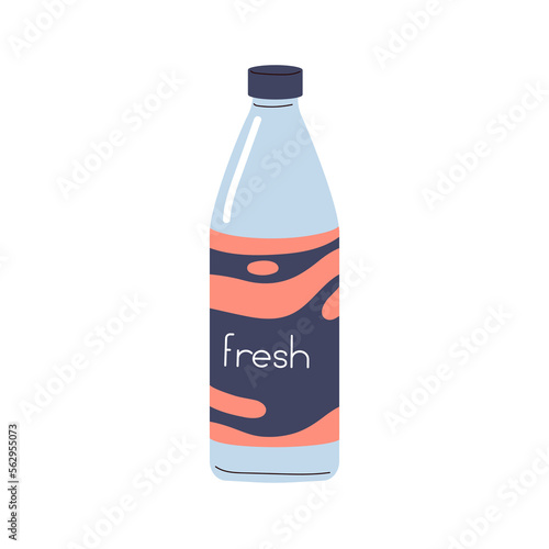 Fresh cold summer drink in glass bottle. Cooling refreshing lemonade. Juice refreshment, soda beverage. Abstract sweet water with label on jar. Flat vector illustration isolated on white background
