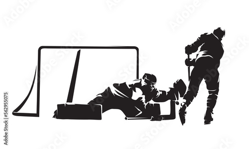 Ice hockey penalty shot, isolated vector silhouette, ink drawing.  Breakaway. Hockey goaltender makes save.