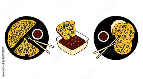 Pajeon with soy sauce and sesame, korean traditional food. Vector set.