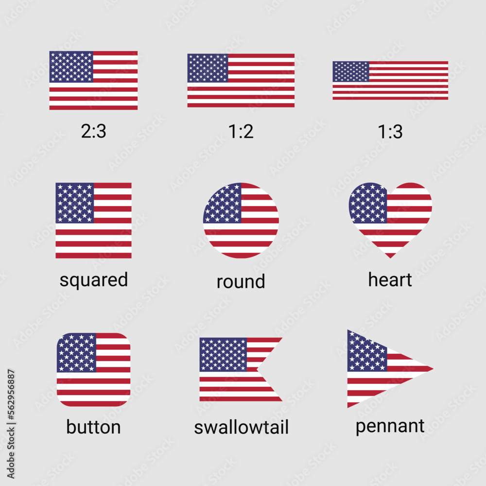 Vector collection of United States of America flags in different shapes and ratio. American flag high quality set Vector collection of United States of America flags in different shapes and ratio. American flag high quality set