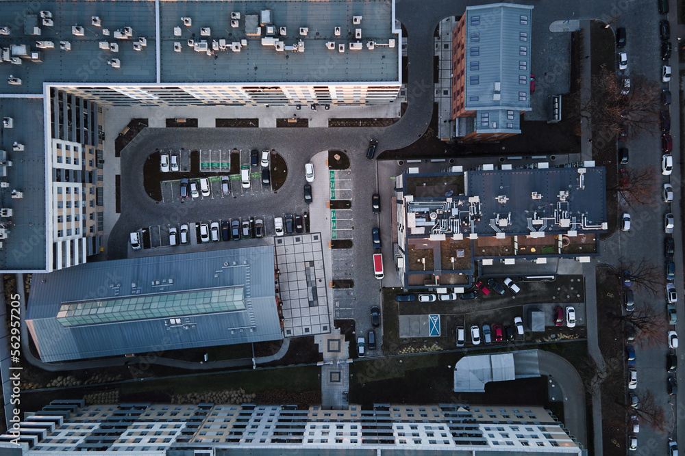 Car parked near residential building, top view
