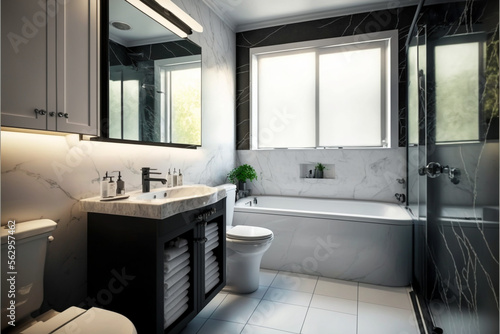 Modern bathroom interior design  Luxury yet minimalist clean  bright and hygienic spacious bathroom with shower  toilets  mirrors  bathtub and natural green plant in a hotel  apartment  or house.