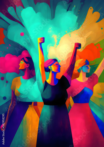 three women together with fists raised protesting, abstract impressionist painti Fototapet