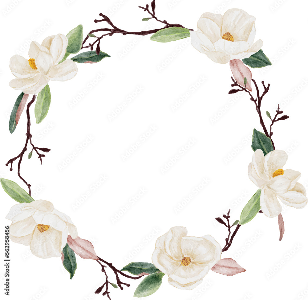 watercolor white magnolia flower and leaf bouquet clipart wreath frame