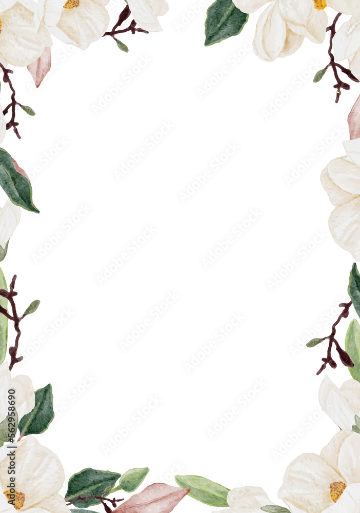 Fototapeta premium watercolor hand drawn white magnolia flower and green leaf branch bouquet wedding invitation card
