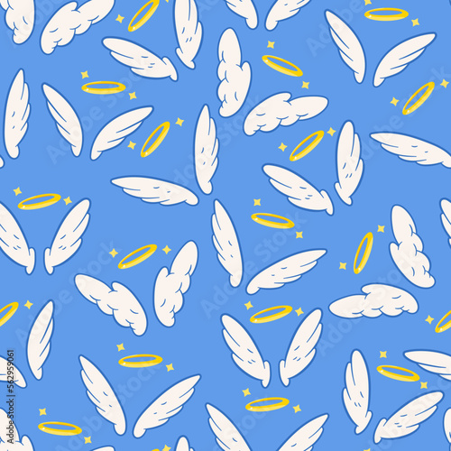 Angel wings and halo vector cartoon seamless pattern.