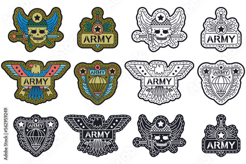 Military and army logo, badge and patch vector cartoon set isolated on a white background.